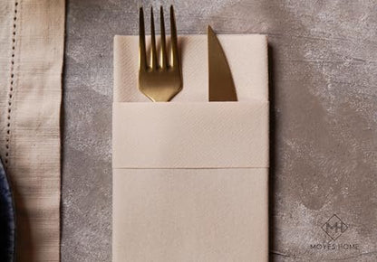 Moyes Home Beige Disposable Dinner Napkins with Pocket - Linen-Feel Pre-Folded Cloth-Like Paper Napkins for Silverware, Weddings, Dinner Parties, 16x16 in, Pack of 50 - color: Beige