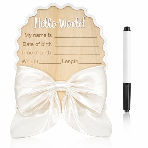 Wonhibo Newborn Announcement Sign - Baby Hospital Photo Prop Wooden Board Card with White Bow Hello World - color: White Bow
