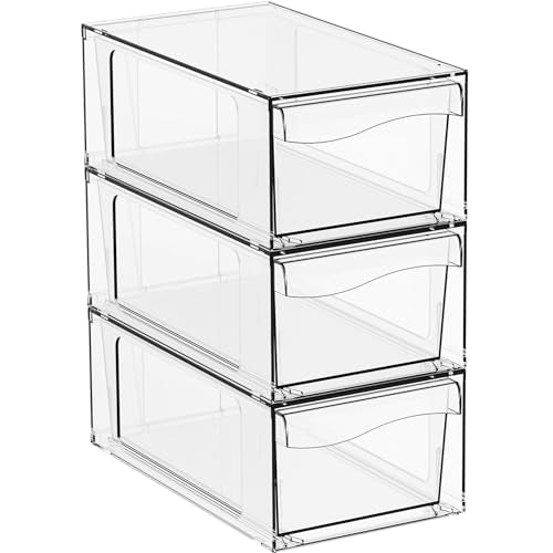 Yieach 3 Pack Clear Stackable Storage Drawers,4.5" Tall Acrylic Makeup Organizer Drawers and Medicine Cabinet Organizers,Pull Out Plastic Bathroom Closet Organizer for Hair Clip,Baby Bottle,Pacifier - color: Clear-6''x11''x4.4''High, size: 3 PACK