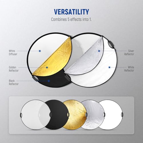 NEEWER 32"/80cm Light Reflector, 5 in 1 Foldable Multi Disc Photography Light Diffuser Translucent/Silver/Gold/White/Black with Clamp/Grips, 3/8" Thread/Cleaning Cloth for Outdoor Lighting, RF-80II - style: 80cm w/Cleaning Cloth