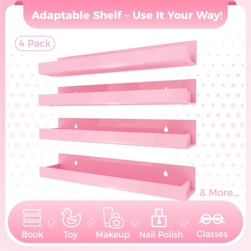 4 Pack 15 Inch Pink Acrylic Shelves, Kids Floating Bookshelf for Kids Room, Modern Nail Polish Rack Sunglasses Essential Oil Picture Ledge Display Toy Storage Wall Shelf - color: 15in-pink