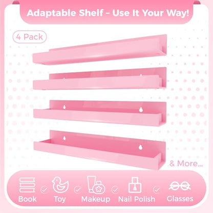 4 Pack 15 Inch Pink Acrylic Shelves, Kids Floating Bookshelf for Kids Room, Modern Nail Polish Rack Sunglasses Essential Oil Picture Ledge Display Toy Storage Wall Shelf - color: 15in-pink