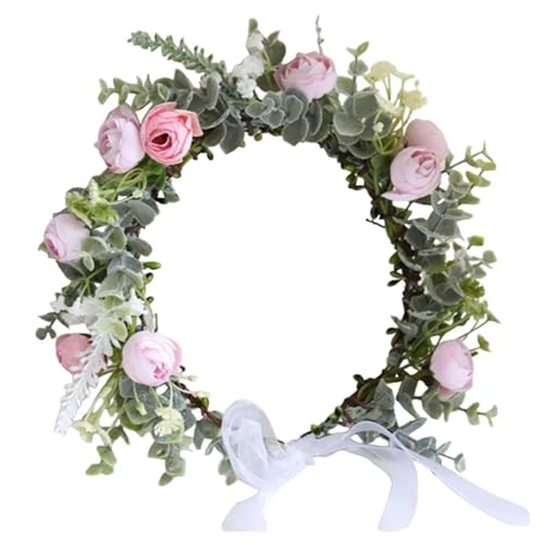 Colorful Rose Flower Crown Wreath Festival Wedding Flower Crown Photo Props Rose Green Leaf Floral Headpiece Hair Wreath Spring(Lemon yellow) - color: Lemon yellow