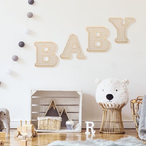 4 Pcs Wood Baby Letters - Boho Nursery Decor for Baby Shower | Rustic Alphabet Letter Home Decoration for Newborns & Birthday Gifts | Perfect Table Centerpiece for Toddler Girls & Boys