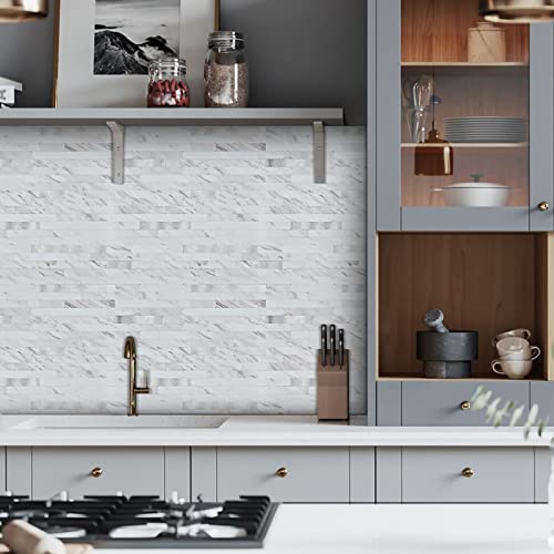 Midcard 20 Sheet Peel and Stick Backsplash, White Marble PVC Wall Tile for Kitchen Backsplash - color: White Marble With Metallic Silver, size: 20