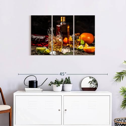 ElephantStock - Citrus Whiskey And Cigar Wall Art - Horizontal Multi Panel Canvas - 3 Piece Living Room Wall Decor - Photography Food And Drink Multi Piece Wall Art - Brown And Gray Decor - 33" x 20" - size: 33"L x 20"W