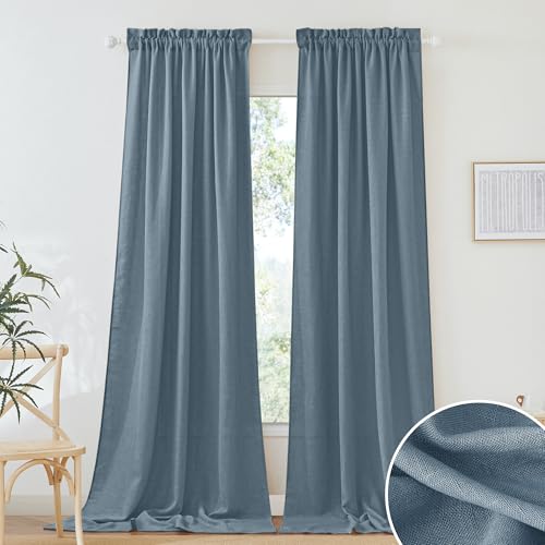 RYB HOME Linen Sheer Curtains 102 inches Long for Living Room Bedroom, Vertical Boho Rustic Home Decor Privacy Semi Sheer for Kids Room, W 52 x L 102 inches, Stone Blue, 2 Panels Set - color: Stone Blue, size: 52"W x 102"L (Pack of 2)