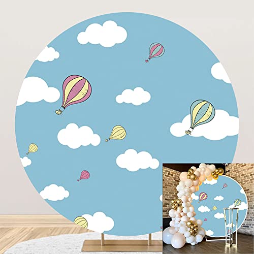 Cartoon Hot Air Balloon Round Backdrop Cover 6.5x6.5ft Polyester Blue Sky White Clouds Photography Background Air Adventure Newborn Baby Shower Kids 1st Birthday Party Cake Table Studio Props - color: Blue02, size: 6.5x6.5ft-Diameter