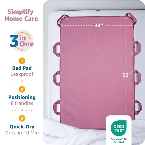 Improvia Positioning Bed Pad, with 8 Reinforced Handles, Quick-Drying, Washable, Waterproof, for Lifting, Turning, Transfering, Elderly and Incontinence Patients (Pink, 34" x 52" - Pack of 1) - color: Pink, size: 34"x52" (Pack of 1)