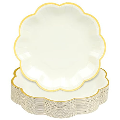 AimFun Beige Party Plates Cream Dessert Paper Plates 7inch Gold Foil Scalloped Edge Disposable Cake Plates for Tea Party Birthday Bridal Baby Shower Wedding Party Supplies (48, Beige) - color: Beige