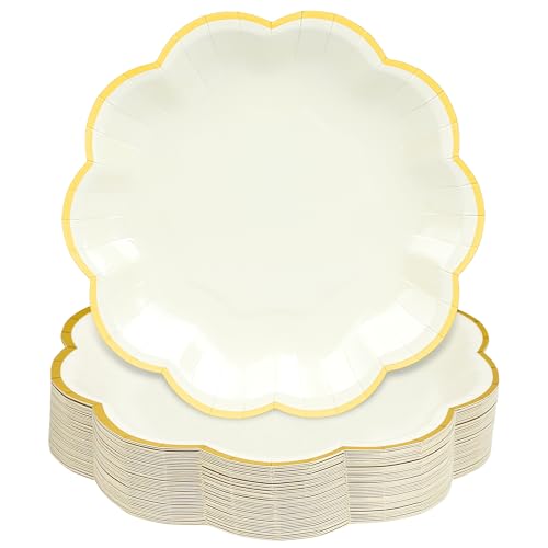 AimFun Beige Party Plates Cream Dessert Paper Plates 7inch Gold Foil Scalloped Edge Disposable Cake Plates for Tea Party Birthday Bridal Baby Shower Wedding Party Supplies (48, Beige) - color: Beige