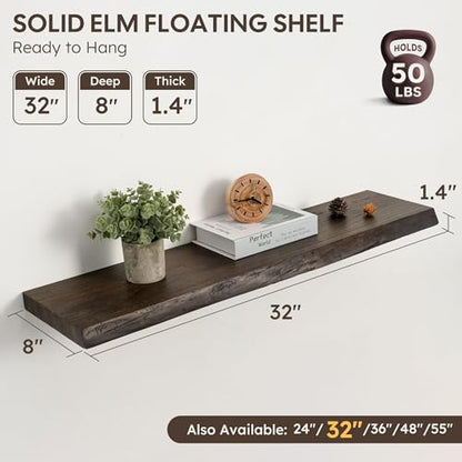 Floating Shelves Set of 2, Solid Elm Wood Wall Shelves 32 Inch - Invisible Bracket Mount for Living Room, Bedroom, Kitchen, Bathroom - Natural - color: Dark Brown, size: 32"L, 2-Pack