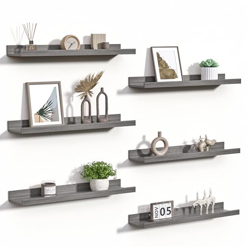 upsimples Floating Shelves for Wall, 23.6 Inch Shelves for Decor Storage Set of 6, Wall Mounted Wood Shelf for Bedroom, Living Room, Bathroom, Kitchen, Long Picture Ledge Shelves, Grey - color: Grey, size: 23.6in