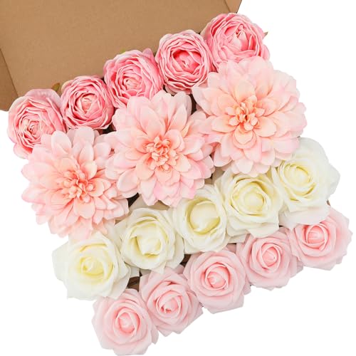 Floweroyal Pink Artificial Flowers Fake Rose Flowers Dahlia with Stems for DIY Wedding Bridal Bouquets, Baby Shower, Floral Arrangement, Table Centerpieces, Home Decorations. - color: Pink-2