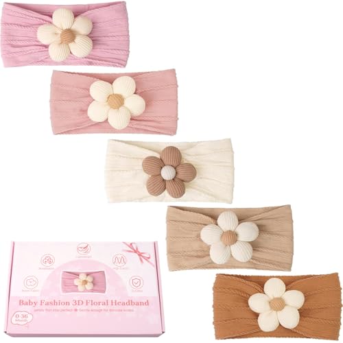 CÉLLOT 5 Pcs Baby Flower Headbands Baby Girls Nylon Headbands Soft Hairbands Hair Accessories for Newborn Infant Toddler Kids - color: Beige+Pink+Purple+Brown+Orange