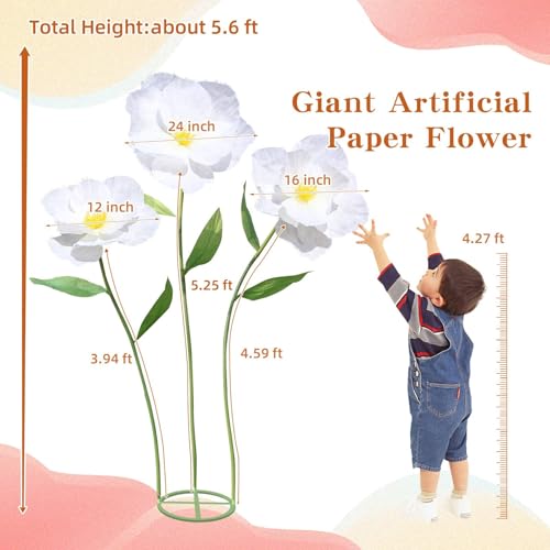 5.9 Ft Large Paper Artificial Flowers,Giant Flowers for Decoration,Standing Huge Handcrafted Poppy Flowers for Garden,Hotel,Office,Photography Props,Wedding,Art Gallery,Shop Window Display(B-White) - color: B-white