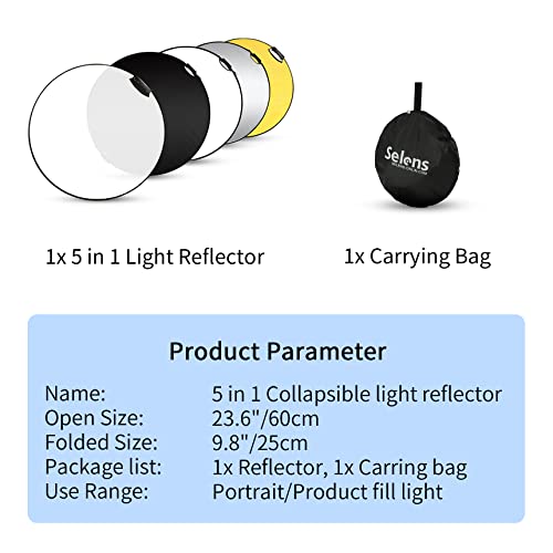 Selens Portable 5-in-1 24 Inch (60cm) Handle Round Reflector Collapsible Multi Disc with Carrying Case for Photography Photo Studio Lighting & Outdoor Lighting, Photography Multi-Disc Photo Reflector - size: 24 Inch
