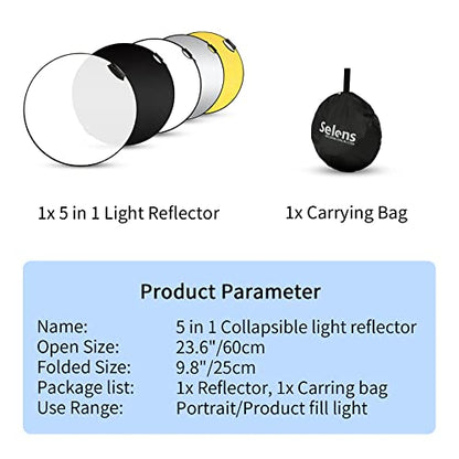 Selens Portable 5-in-1 24 Inch (60cm) Handle Round Reflector Collapsible Multi Disc with Carrying Case for Photography Photo Studio Lighting & Outdoor Lighting, Photography Multi-Disc Photo Reflector - size: 24 Inch