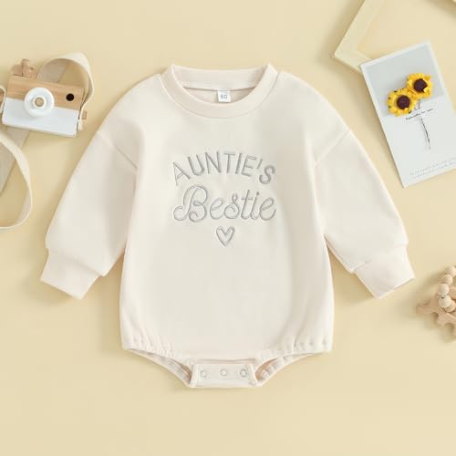 VISGOGO Newborn Infant Baby Boy Girls Oversized Romper Little Dude Sweater Onesie Coming Home Outfit Neutral Clothes - color: Beige-aunties Bestie, size: 0-3 Months
