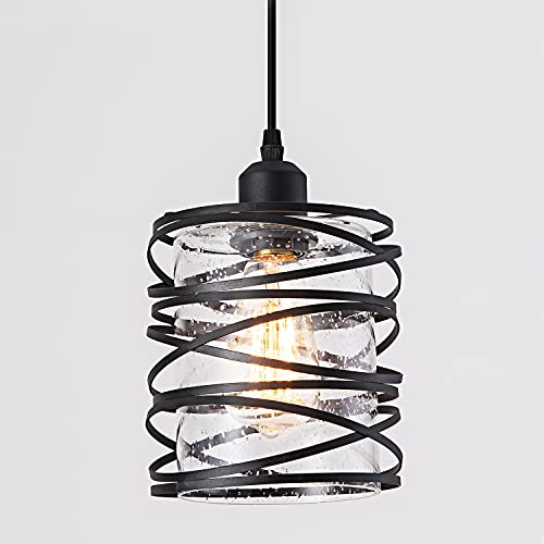 Modern Mini Pendant Light Fixture Kitchen Island Pendant Lighting 6.30''Matte Black Spiral Cage Handblown Clear Seeded Glass Shade Hanging Lamp Adjustable Cord for Dining Room 1-Pack,E26 - color: 1-Pack Seeded Glass 6.30in