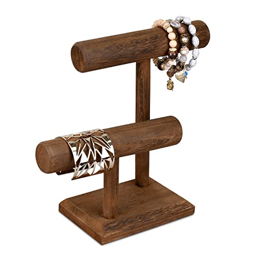 Ikee Design 2 Tier Wooden Jewelry Bracelet Watch Display Tower, Bangle Scrunchie Necklace Holder Storage Stand, 7.9 W x 4.3 D x 9.4 H in, Brown Color - color: Brown
