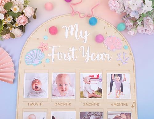 Mermaid Monthly Wooden Photo Board - Under The Sea 1st Birthday Party Decoration, Ocean Themed Milestone Board, 12-Month Photo Frame, Underwater World 1-12 Month Milestone Photo Board