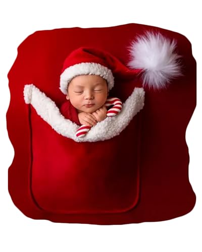 Zeroest Newborn Photography Blanket with Pocket & Santa Hat - Newborn Photoshoot Props - Boys & Girls Posing Stretch Fabric Beanbag Cover 47.2" x 39.3" (Red) - color: Red