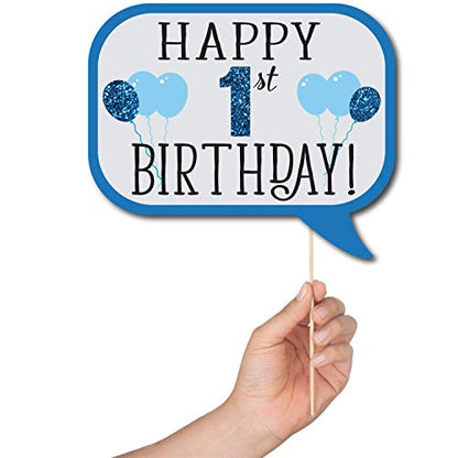 1st Birthday Boy Photo Booth Props - 41-pc Photobooth Kit with 8 x 10-Inch Sign, 60 Adhesive Pads, 45 Sticks - First Birthday Photo Kit