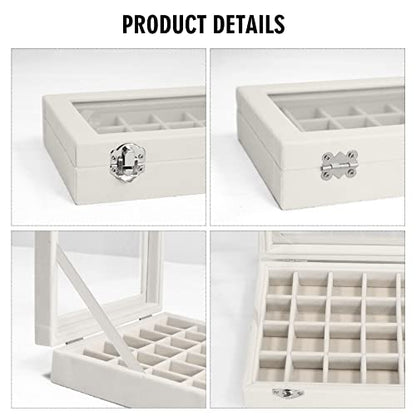 Vicoter Velvet Jewelry Box 24 Grid Jewelry Ring Display Organiser Box Tray Holder Earrings Storage Case for Girls Wife Mom Women (Beige) - color: Beige