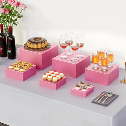 Metal Buffet Risers,6PCS Food Risers for Buffet Table 5in to 10in Display Stand for Catering Dessert Pink Cube Boxes Nesting Risers for Girl Princess party with Hollow Bottoms - color: Pink-6P