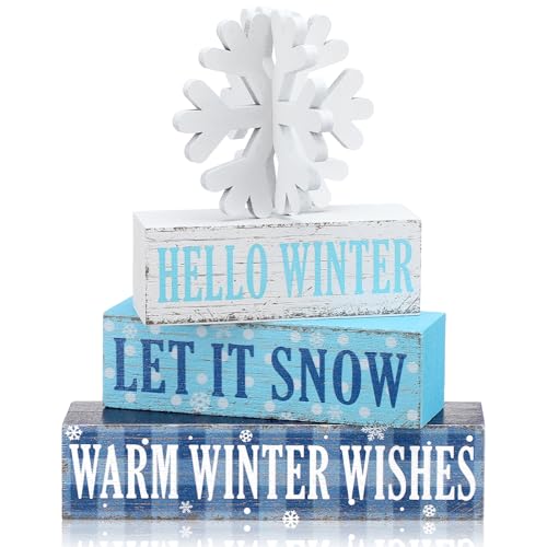 Geelin 4 Pieces Hello Winter Wooden Table Decorations Let It Snow Wooden Signs Rustic Snowflake Tiered Tray Decor Winter Wishes Tabletop Centerpieces for Home Desk Room Kitchen Shelf - style: Snowflake