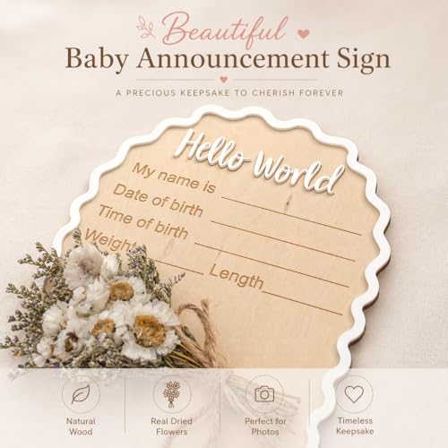 Wonhibo Daisy Newborn Announcement Sign - Baby Hospital Photo Prop Wooden Board Card with Real Pressed Flowers Hello World - color: Daisy Flower