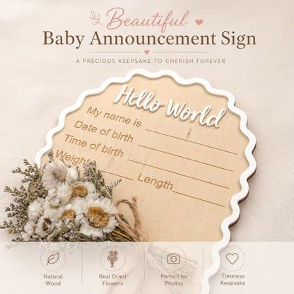 Wonhibo Daisy Newborn Announcement Sign - Baby Hospital Photo Prop Wooden Board Card with Real Pressed Flowers Hello World - color: Daisy Flower