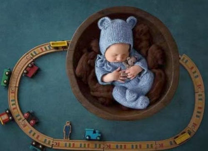 Newborn Baby Photography Props Outfits Cute Bear Hat Romper Set Infant Baby Boy Girl Photoshoot Props Costume ﻿ - color: Blue