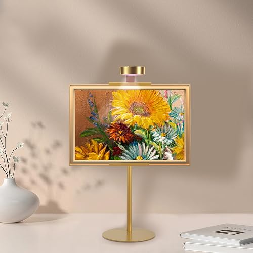 Adjustable Desktop Photo Frame Stand with Magnetic Wall Painting Light, Holds Picture Frames up to 18 Inch,with Rechargeable Battery,Metal Vertical Stand with 3 Color Temperature & 13RGB Poster Lights, for Displaying Picture Frames, Artworks (1 Pack, Gold