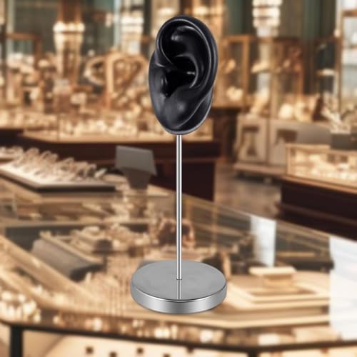 Silicone Ear Model Earring Jewelry Display Teaching Tool Prop Stainless Steel Holder Stand for Retails Girls Women Photos, Black Left