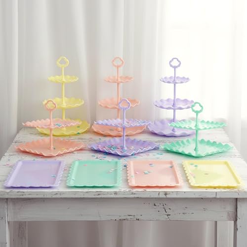 Pack of 11 NWK Cake Stand Set, with 3 x Two-Tier and 3 x Three-Tier Cupcake Stands, 4 x Appetizer Trays, 1 x Tablecloth for Birthday Bridal Baby Shower Party (Colorful) - color: Colorful