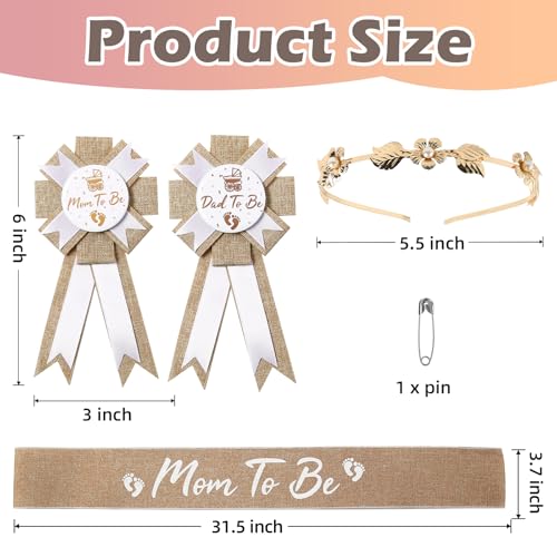 Baby Shower Sash Decorations, Mom to Be Sash Dad to Be Corsage Pin 3Pack Set, Blue Flower Mommy to Be Belt for Maternity Dress (Neutral)