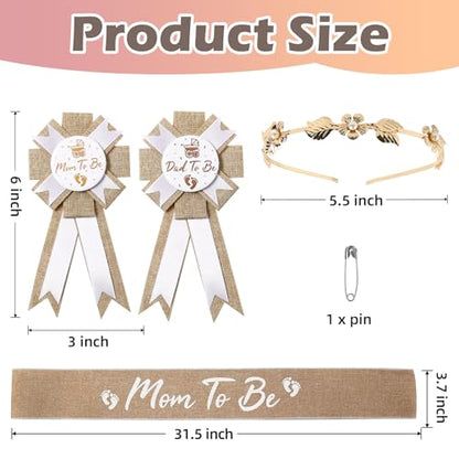 Baby Shower Sash Decorations, Mom to Be Sash Dad to Be Corsage Pin 3Pack Set, Blue Flower Mommy to Be Belt for Maternity Dress (Neutral)