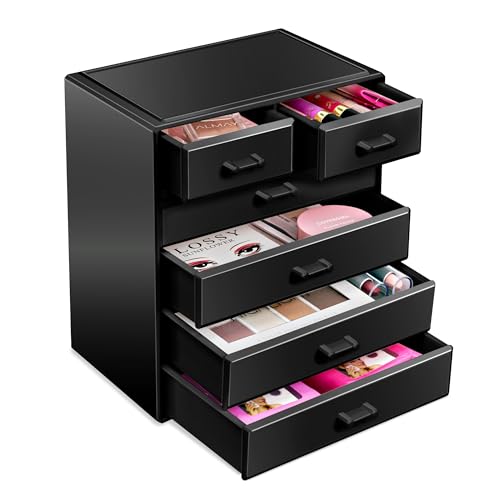 Sorbus Acrylic Makeup Organizer - Organization and Storage Case for Cosmetics Make Up & Jewelry - Large Makeup Organizer for Vanity, Bathroom, College Dorm, Closet, Desk (4 Large, 2 Small Drawers) - color: Black, size: Standard