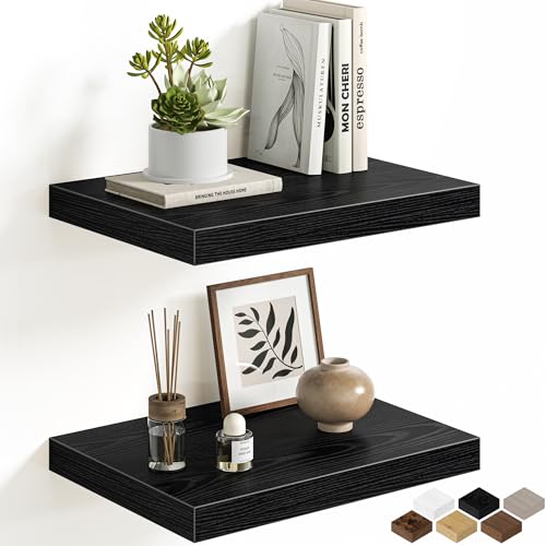 Black Floating Shelves for Wall, 16'' W x 12'' D Wall Mounted Rustic Wood Shelves for Bathroom, Bedroom, Living Room, Kitchen, Hanging Shelf for Storage/Room Decor with Heavy Duty Brackets, 2 Pack - color: Black, size: 16 Inch, Set of 2