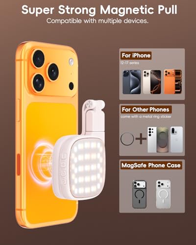 Magnetic Selfie Light for Video Calls, 360° Foldable Ring Light with 3 Colors & Dimmable Brightness, 1000mAh, MagSafe Compatible with iPhone 17-12 & All Phones for Zoom/TikTok/Selfie（White）