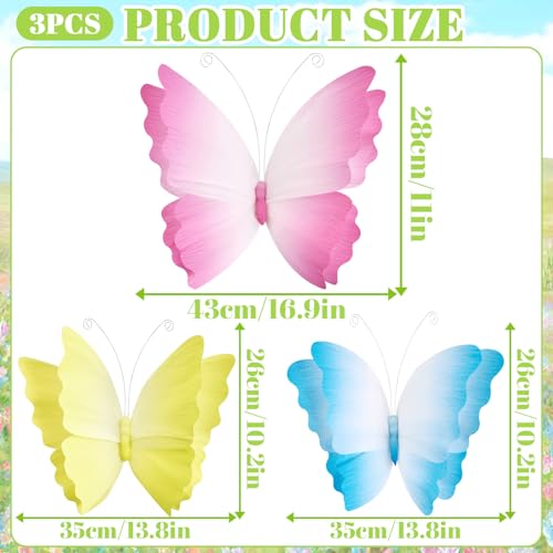 3D Hanging Butterfly Decorations, Butterfly Birthday Party Decorations, 3 Pcs Crepe Paper Butterfly with Soft Gradient Colors, Pink Blue Yellow Hanging Decor for Girls Women, Flower Party Decor - color: Pink Blue
