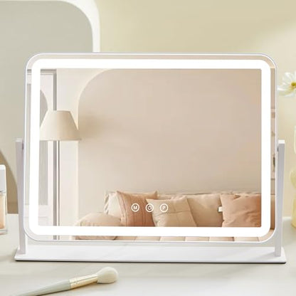 HIEEY Vanity Mirror with Lights, 13.5" x 17.4" Makeup Mirror with Lights, Three Color Lighting Modes, and 5X Magnification Mirror, Smart Touch Control, 360°Rotation (White,Gift Box) - style: 13.5" x 17.4" (96 LED)
