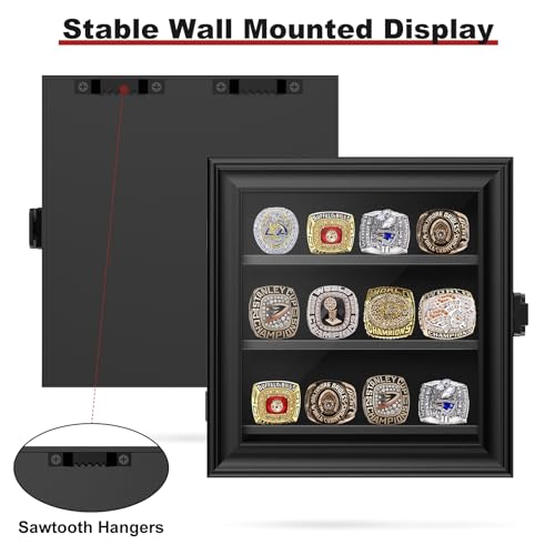 Championship Ring Display Case, 12 Ring Posts Baseball Ring Holder, Wall Mount Wooden Shadow Box for Multiple Championship Rings - size: 12 Posts-Rectangle