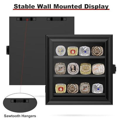 Championship Ring Display Case, 12 Ring Posts Baseball Ring Holder, Wall Mount Wooden Shadow Box for Multiple Championship Rings - size: 12 Posts-Rectangle