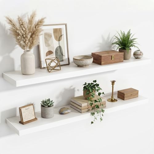 Floating Shelves for Wall,48 Inch Wall Mounted Rustic Wood Shelves,9.3" Deep Wall Shelf with Invisible Brackets,Large Deep Floating Shelf for Bathroom,Bedroom,Living Room,Book/Storage/Decor,White - color: White, size: 48 Inch,set of 2