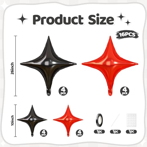 Black Red Star Balloons, 16 PCS Black Four Angle Star Foil Balloons, 26 Inch and 10 Inch Red Stars Shaped Balloon for Graduation Birthday Baby Shower Retirement Engagement New Year Party Decorations - color: Black Red