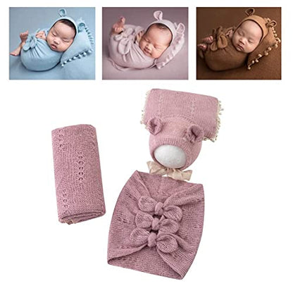 Newborn Baby Boy Girl Photography Props Bow Wrap, Posing Aid, Hat and Blanket Set of 4 Pcs - color: Purple Pink