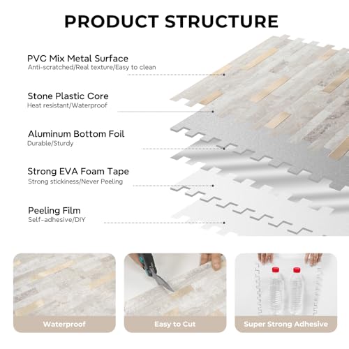 STICKGOO Peel and Stick Backsplash, PVC Wall Tiles Stick on Backsplash for Kitchen(1 Sheet, Beige with Metal Gold) - color: Beige with Metal Gold